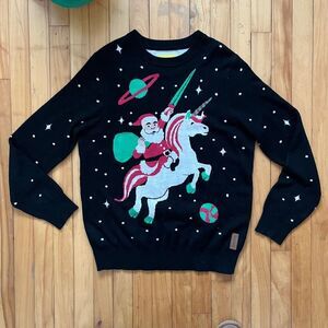 Tipsy Elves Santa Riding Unicorn Ugly Christmas Sweater Black XL